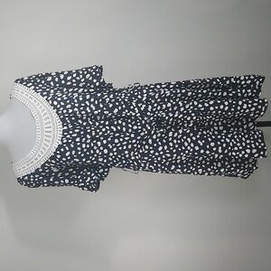 Gaovot Navy Blue White Dotted Ruffle Sleeve Lace Neck Midi Dress Size Medium NWT